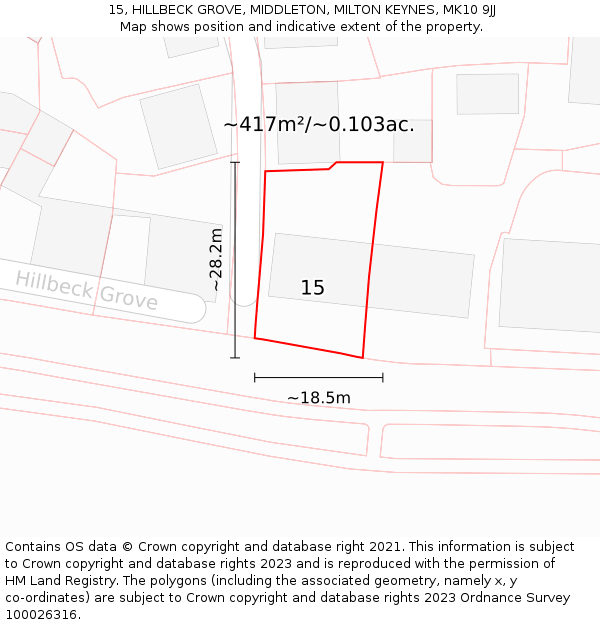 15, HILLBECK GROVE, MIDDLETON, MILTON KEYNES, MK10 9JJ: Plot and title map