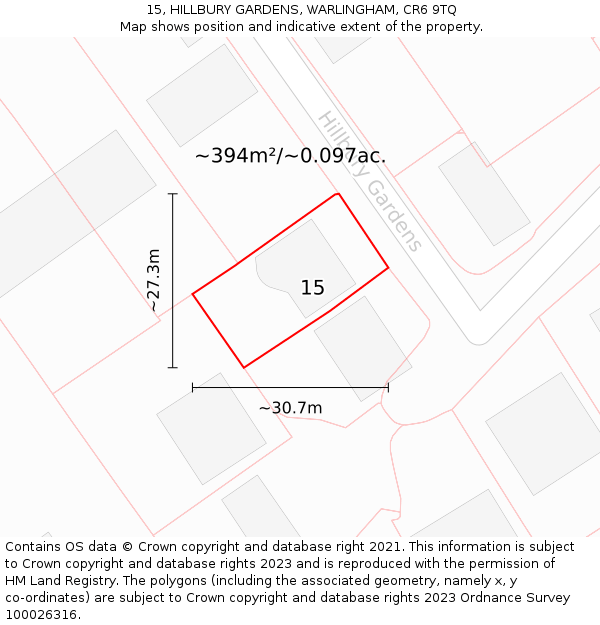 15, HILLBURY GARDENS, WARLINGHAM, CR6 9TQ: Plot and title map