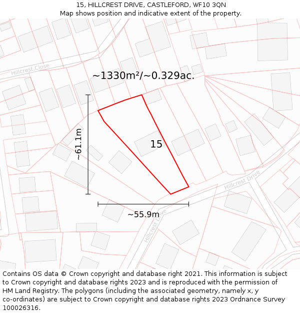 15, HILLCREST DRIVE, CASTLEFORD, WF10 3QN: Plot and title map