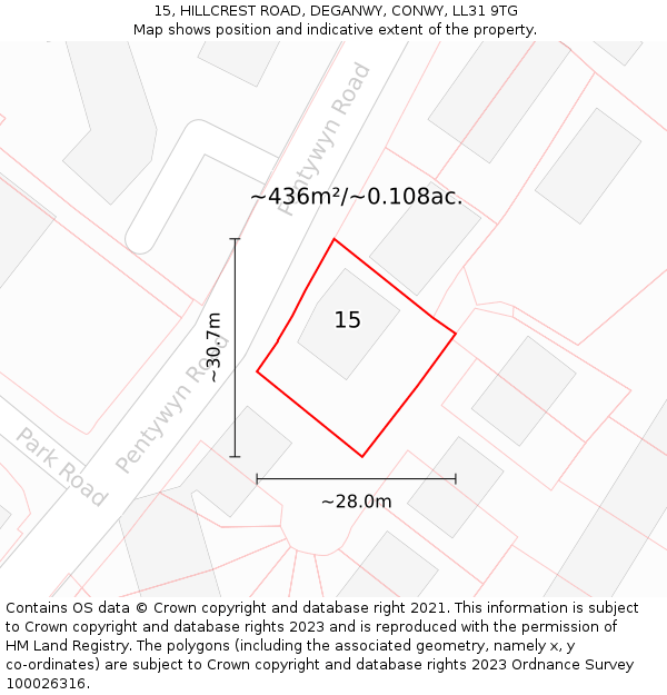 15, HILLCREST ROAD, DEGANWY, CONWY, LL31 9TG: Plot and title map