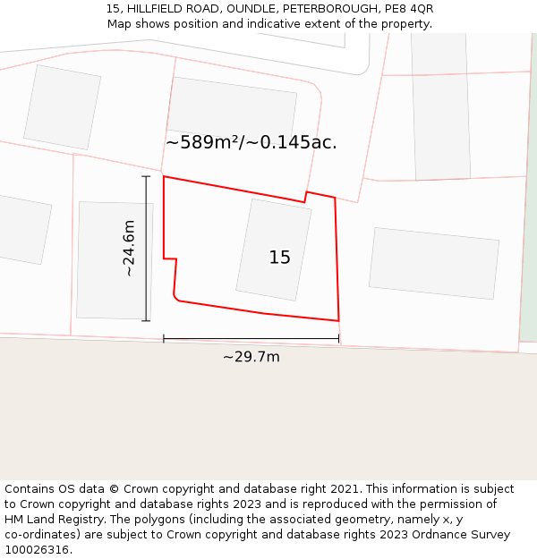 15, HILLFIELD ROAD, OUNDLE, PETERBOROUGH, PE8 4QR: Plot and title map