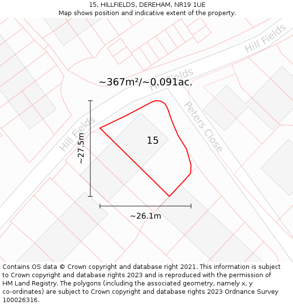 15, HILLFIELDS, DEREHAM, NR19 1UE: Plot and title map