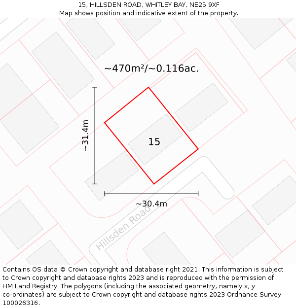 15, HILLSDEN ROAD, WHITLEY BAY, NE25 9XF: Plot and title map