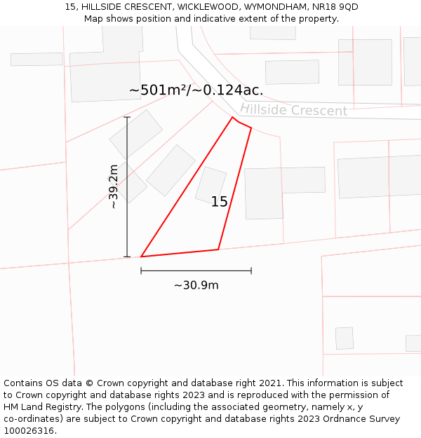 15, HILLSIDE CRESCENT, WICKLEWOOD, WYMONDHAM, NR18 9QD: Plot and title map