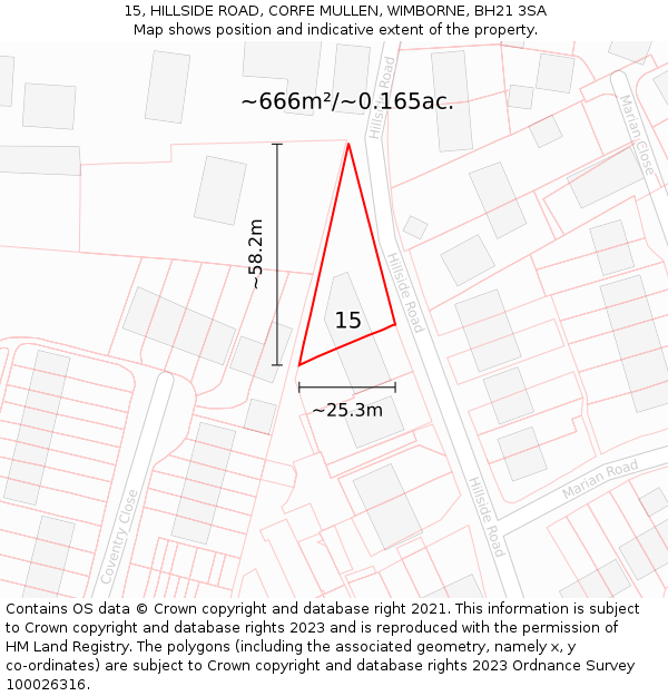 15, HILLSIDE ROAD, CORFE MULLEN, WIMBORNE, BH21 3SA: Plot and title map