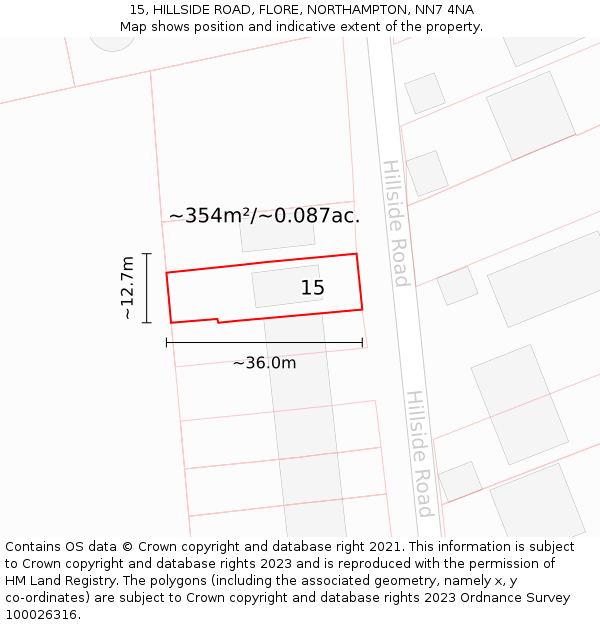 15, HILLSIDE ROAD, FLORE, NORTHAMPTON, NN7 4NA: Plot and title map