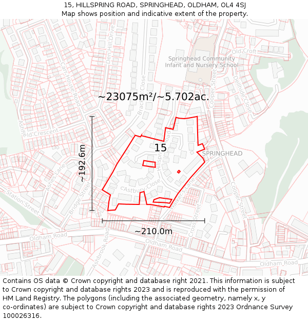 15, HILLSPRING ROAD, SPRINGHEAD, OLDHAM, OL4 4SJ: Plot and title map