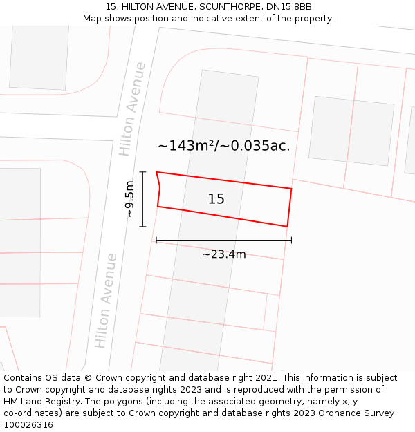 15, HILTON AVENUE, SCUNTHORPE, DN15 8BB: Plot and title map