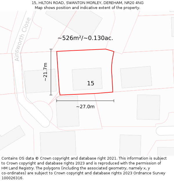 15, HILTON ROAD, SWANTON MORLEY, DEREHAM, NR20 4NG: Plot and title map