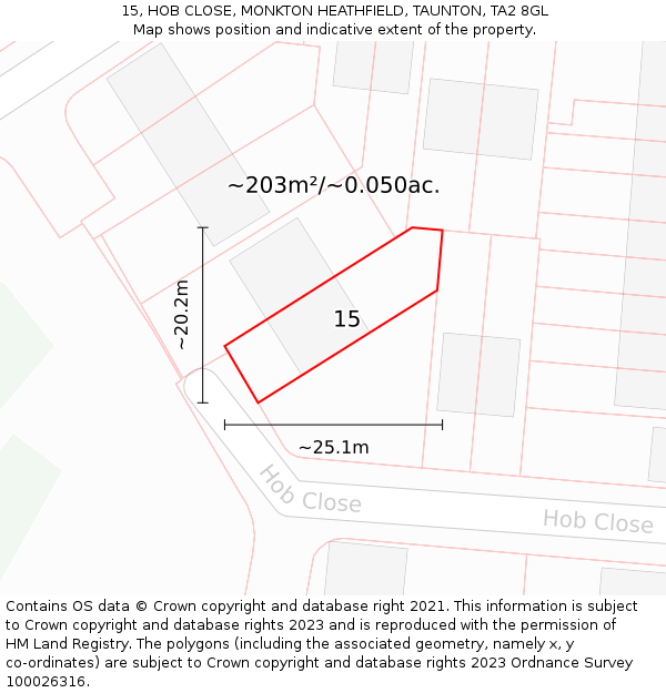 15, HOB CLOSE, MONKTON HEATHFIELD, TAUNTON, TA2 8GL: Plot and title map
