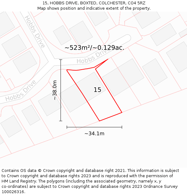 15, HOBBS DRIVE, BOXTED, COLCHESTER, CO4 5RZ: Plot and title map