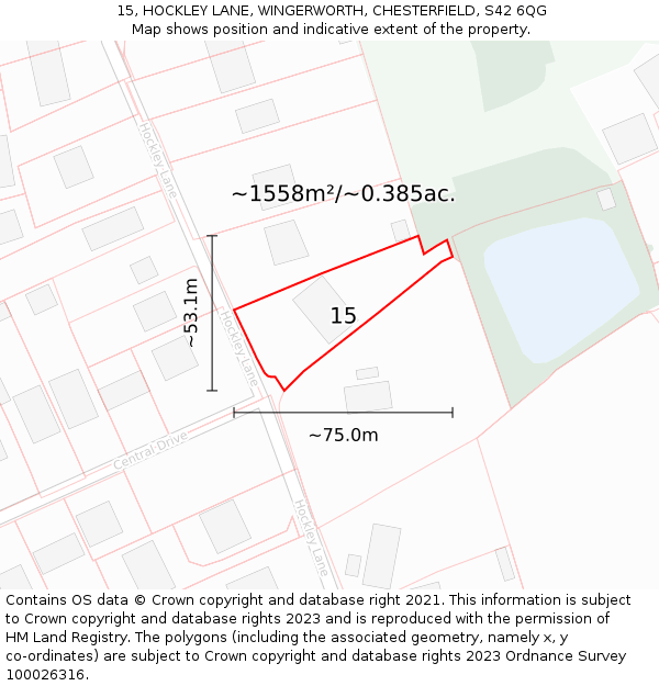 15, HOCKLEY LANE, WINGERWORTH, CHESTERFIELD, S42 6QG: Plot and title map