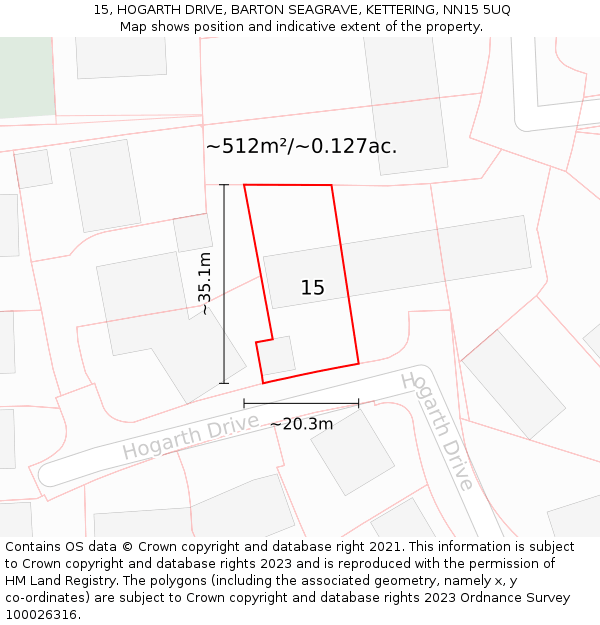 15, HOGARTH DRIVE, BARTON SEAGRAVE, KETTERING, NN15 5UQ: Plot and title map