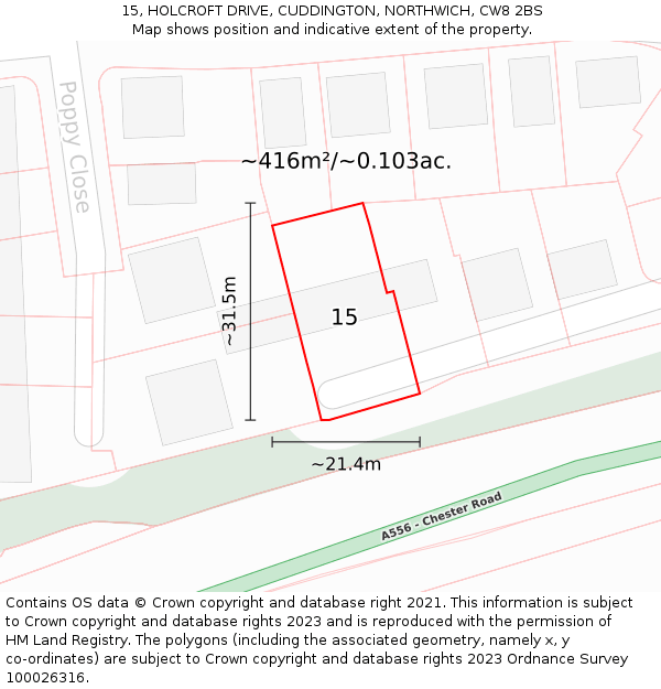 15, HOLCROFT DRIVE, CUDDINGTON, NORTHWICH, CW8 2BS: Plot and title map