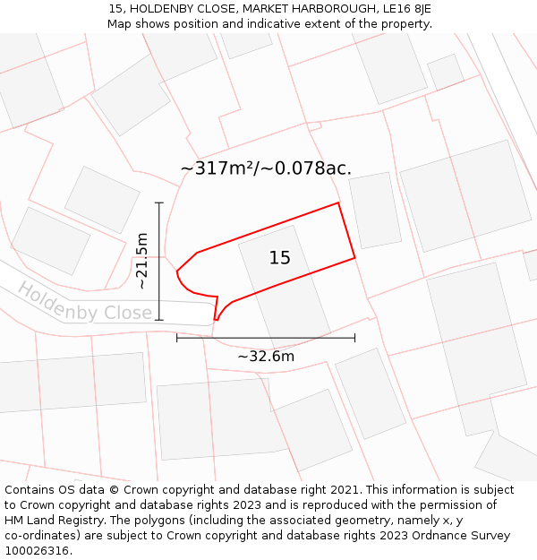 15, HOLDENBY CLOSE, MARKET HARBOROUGH, LE16 8JE: Plot and title map