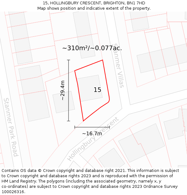 15, HOLLINGBURY CRESCENT, BRIGHTON, BN1 7HD: Plot and title map