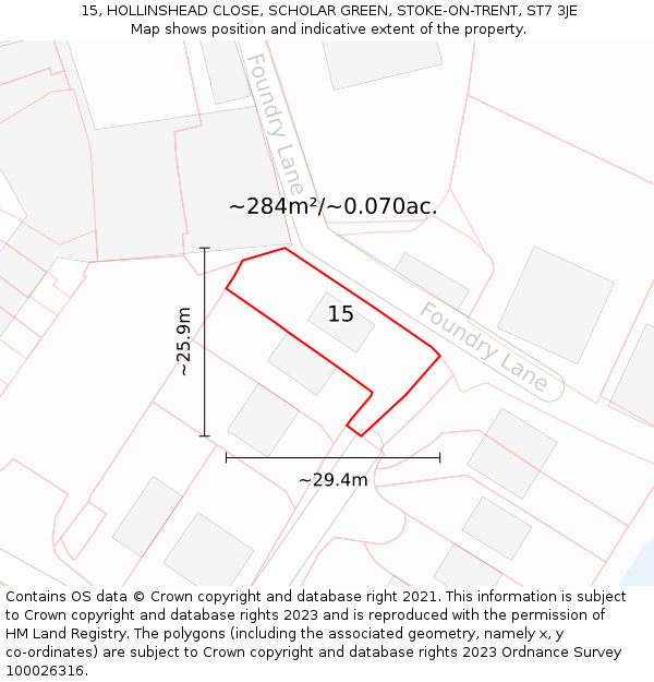 15, HOLLINSHEAD CLOSE, SCHOLAR GREEN, STOKE-ON-TRENT, ST7 3JE: Plot and title map