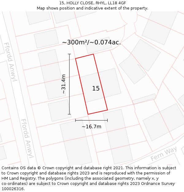 15, HOLLY CLOSE, RHYL, LL18 4GF: Plot and title map