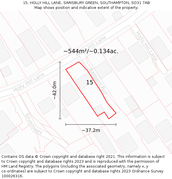 15, HOLLY HILL LANE, SARISBURY GREEN, SOUTHAMPTON, SO31 7AB: Plot and title map