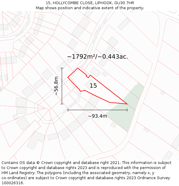 15, HOLLYCOMBE CLOSE, LIPHOOK, GU30 7HR: Plot and title map