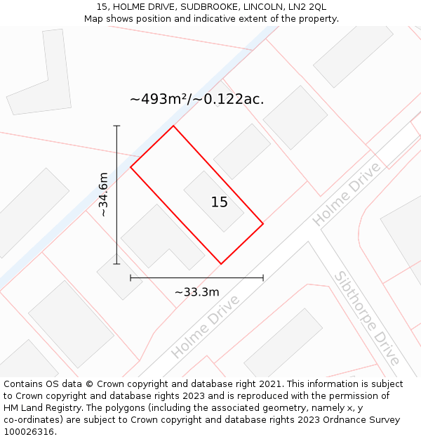 15, HOLME DRIVE, SUDBROOKE, LINCOLN, LN2 2QL: Plot and title map