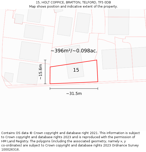 15, HOLT COPPICE, BRATTON, TELFORD, TF5 0DB: Plot and title map