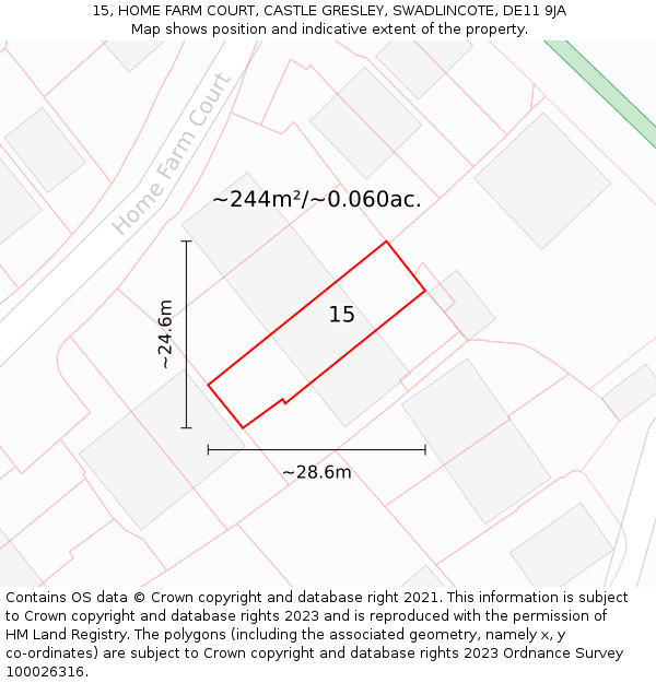 15, HOME FARM COURT, CASTLE GRESLEY, SWADLINCOTE, DE11 9JA: Plot and title map