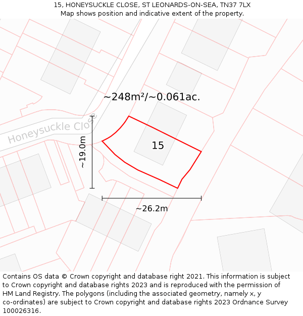 15, HONEYSUCKLE CLOSE, ST LEONARDS-ON-SEA, TN37 7LX: Plot and title map