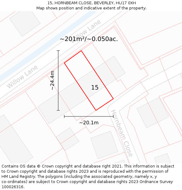 15, HORNBEAM CLOSE, BEVERLEY, HU17 0XH: Plot and title map