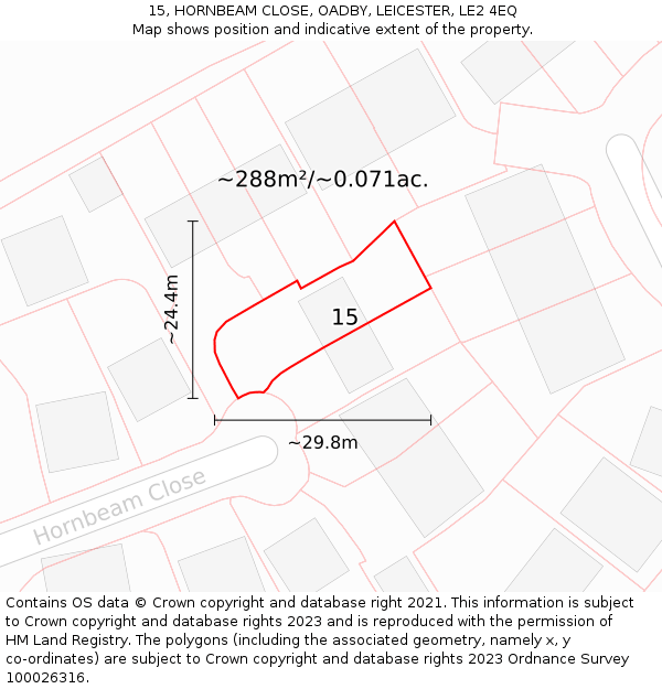 15, HORNBEAM CLOSE, OADBY, LEICESTER, LE2 4EQ: Plot and title map