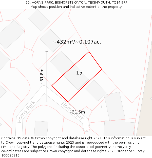 15, HORNS PARK, BISHOPSTEIGNTON, TEIGNMOUTH, TQ14 9RP: Plot and title map