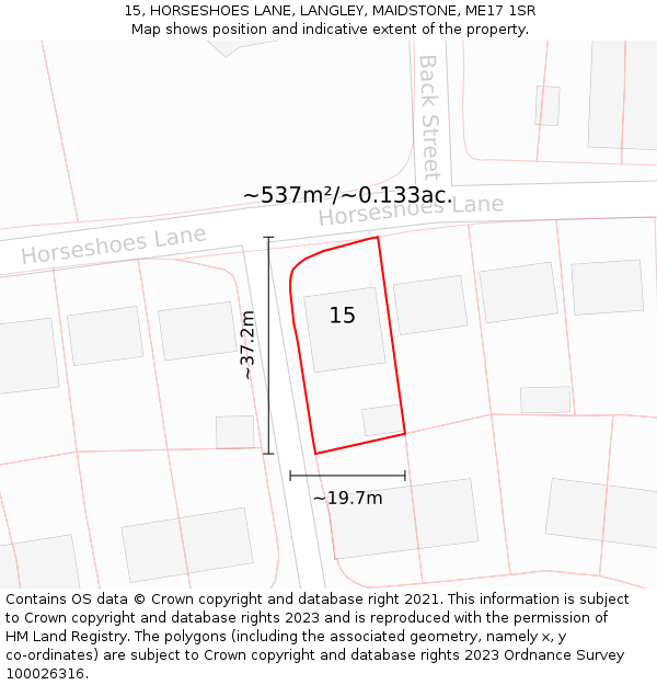 15, HORSESHOES LANE, LANGLEY, MAIDSTONE, ME17 1SR: Plot and title map