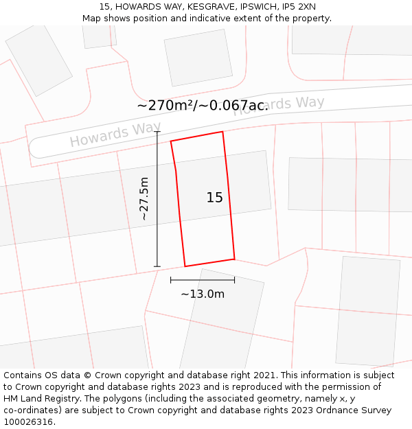 15, HOWARDS WAY, KESGRAVE, IPSWICH, IP5 2XN: Plot and title map