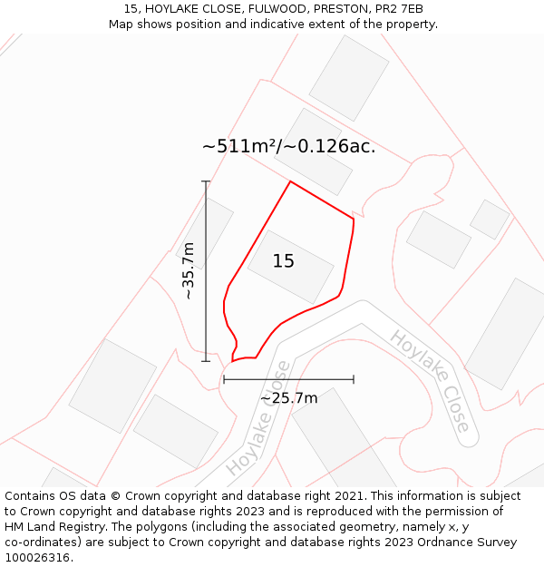 15, HOYLAKE CLOSE, FULWOOD, PRESTON, PR2 7EB: Plot and title map