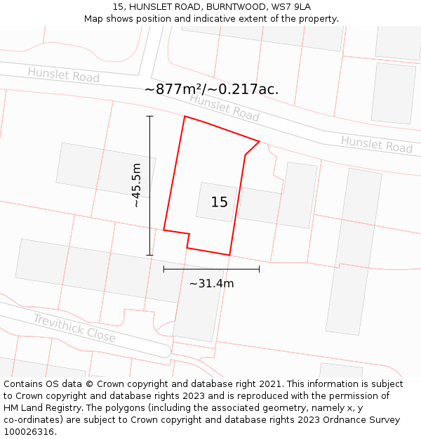 15, HUNSLET ROAD, BURNTWOOD, WS7 9LA: Plot and title map