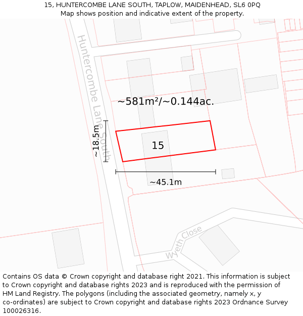 15, HUNTERCOMBE LANE SOUTH, TAPLOW, MAIDENHEAD, SL6 0PQ: Plot and title map