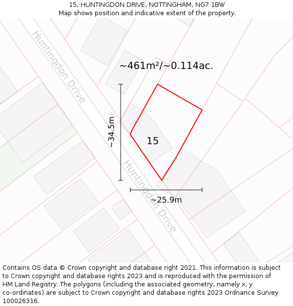 15, HUNTINGDON DRIVE, NOTTINGHAM, NG7 1BW: Plot and title map