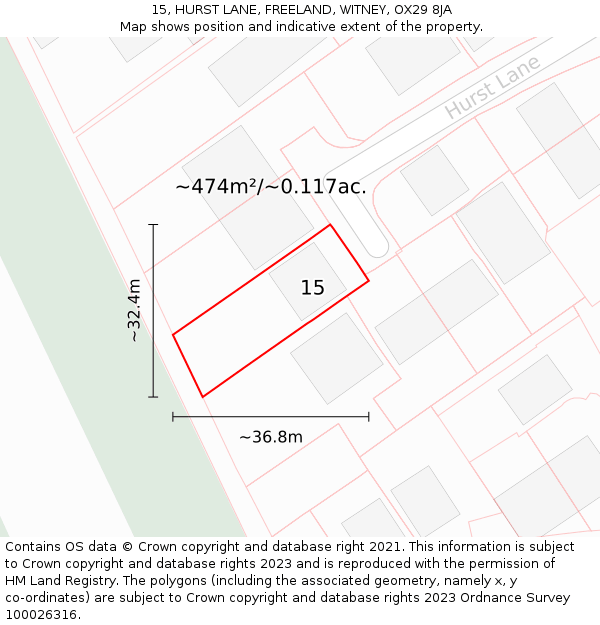 15, HURST LANE, FREELAND, WITNEY, OX29 8JA: Plot and title map