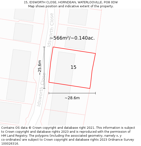 15, IDSWORTH CLOSE, HORNDEAN, WATERLOOVILLE, PO8 0DW: Plot and title map