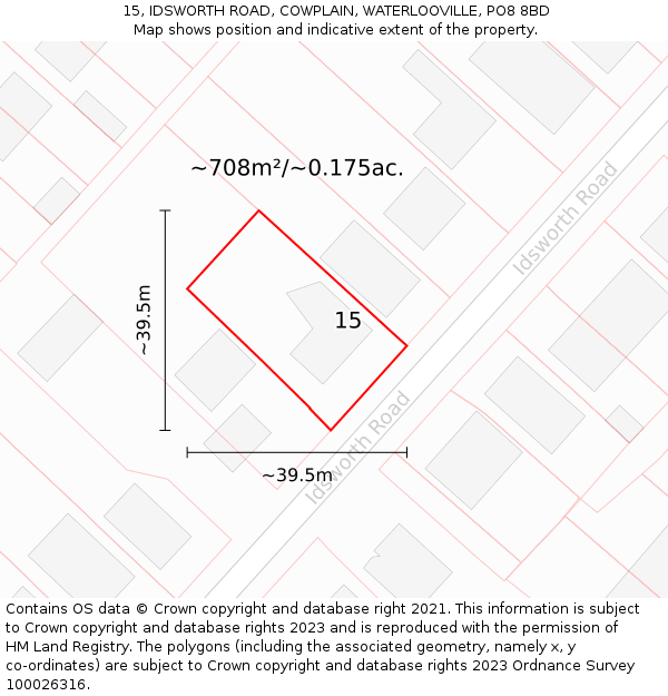 15, IDSWORTH ROAD, COWPLAIN, WATERLOOVILLE, PO8 8BD: Plot and title map
