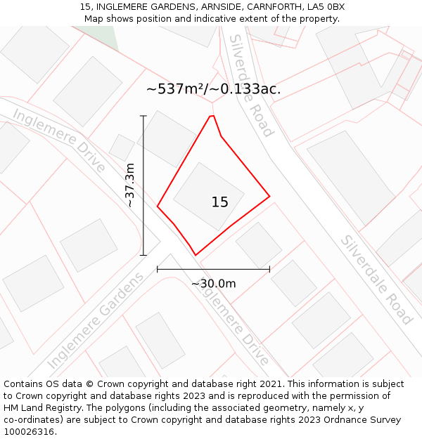 15, INGLEMERE GARDENS, ARNSIDE, CARNFORTH, LA5 0BX: Plot and title map