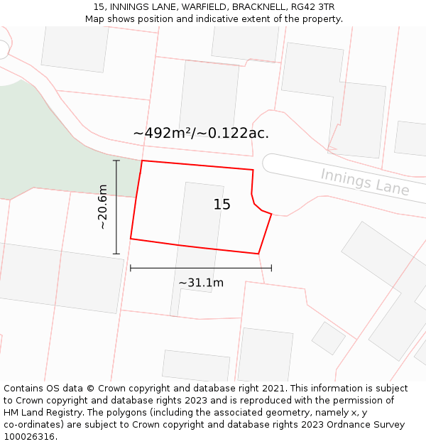 15, INNINGS LANE, WARFIELD, BRACKNELL, RG42 3TR: Plot and title map