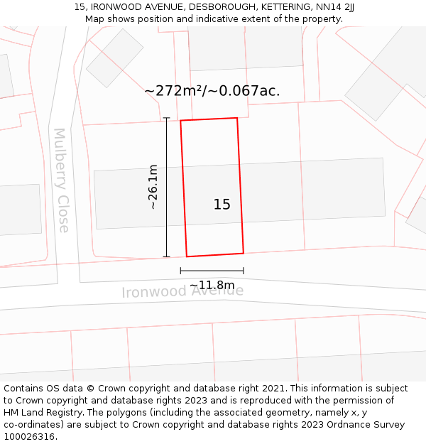 15, IRONWOOD AVENUE, DESBOROUGH, KETTERING, NN14 2JJ: Plot and title map