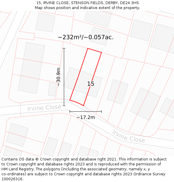 15, IRVINE CLOSE, STENSON FIELDS, DERBY, DE24 3HS: Plot and title map