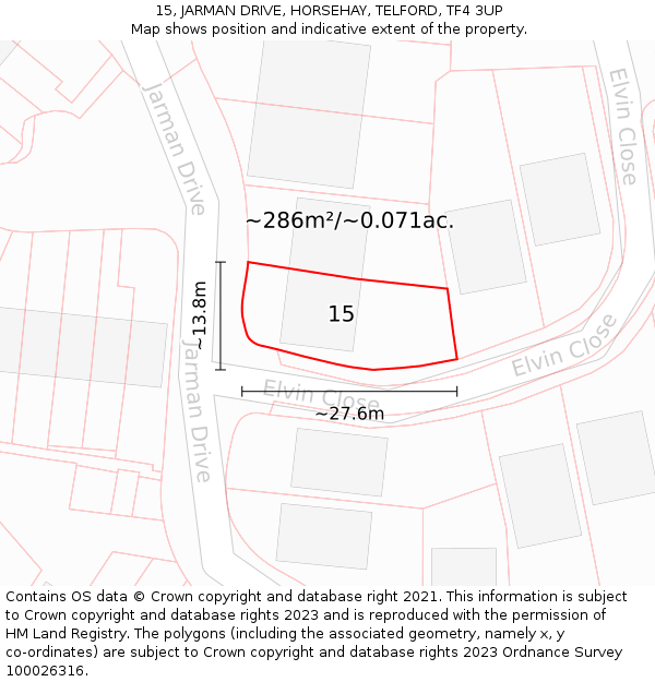 15, JARMAN DRIVE, HORSEHAY, TELFORD, TF4 3UP: Plot and title map