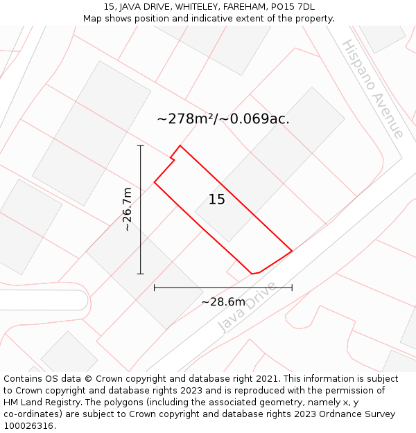 15, JAVA DRIVE, WHITELEY, FAREHAM, PO15 7DL: Plot and title map