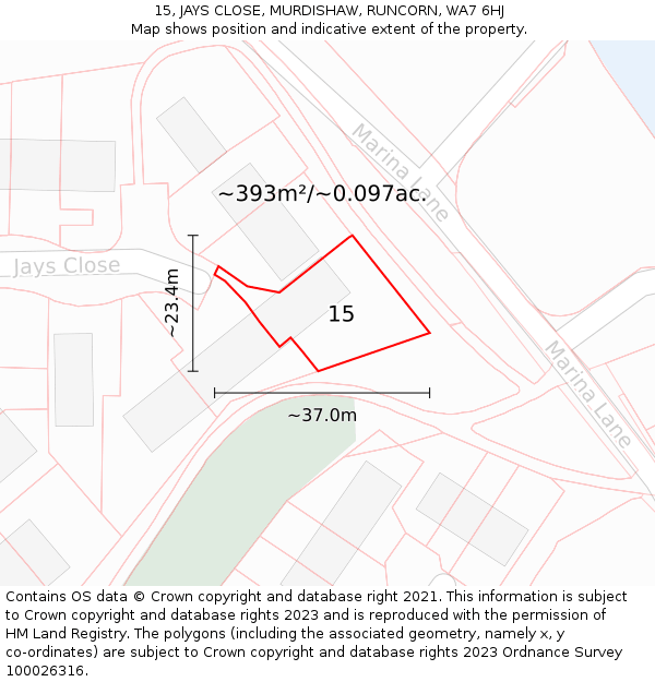 15, JAYS CLOSE, MURDISHAW, RUNCORN, WA7 6HJ: Plot and title map