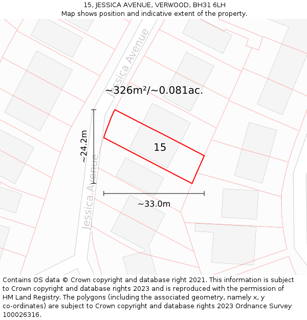 15, JESSICA AVENUE, VERWOOD, BH31 6LH: Plot and title map