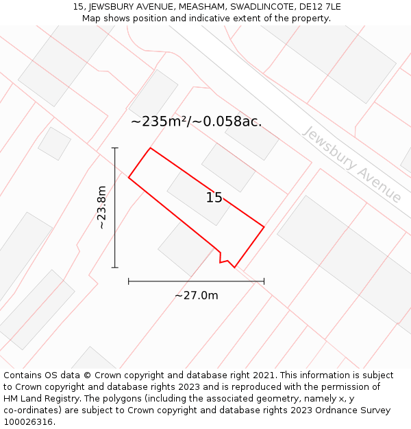 15, JEWSBURY AVENUE, MEASHAM, SWADLINCOTE, DE12 7LE: Plot and title map