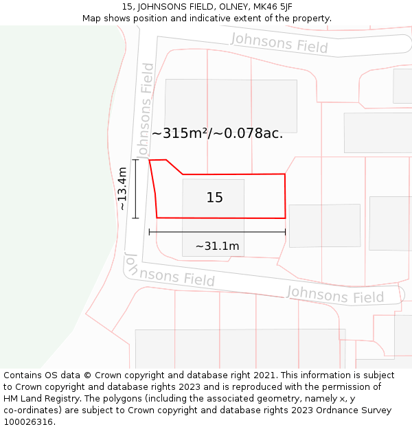 15, JOHNSONS FIELD, OLNEY, MK46 5JF: Plot and title map